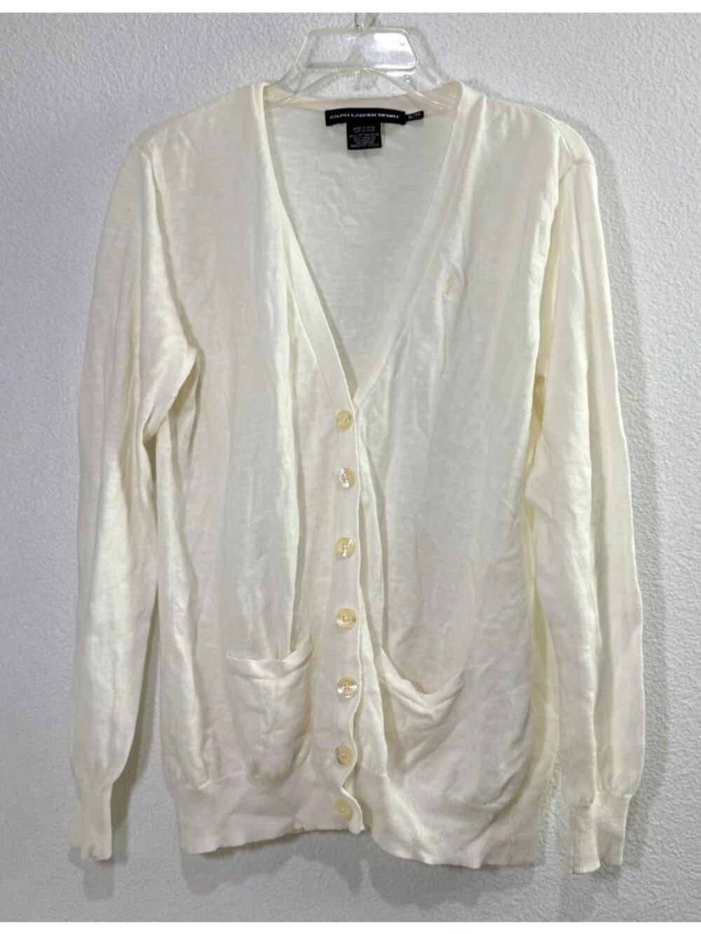 Ralph Lauren Sport Off White Cardigan Cotton Linen Blend V-Neck Pockets Womens X - Picture 2 of 4